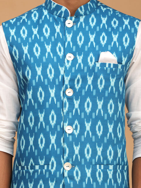 Vastramay Men's Turquoise Cotton Nehru Jacket With White Kurta And Pyjama Set